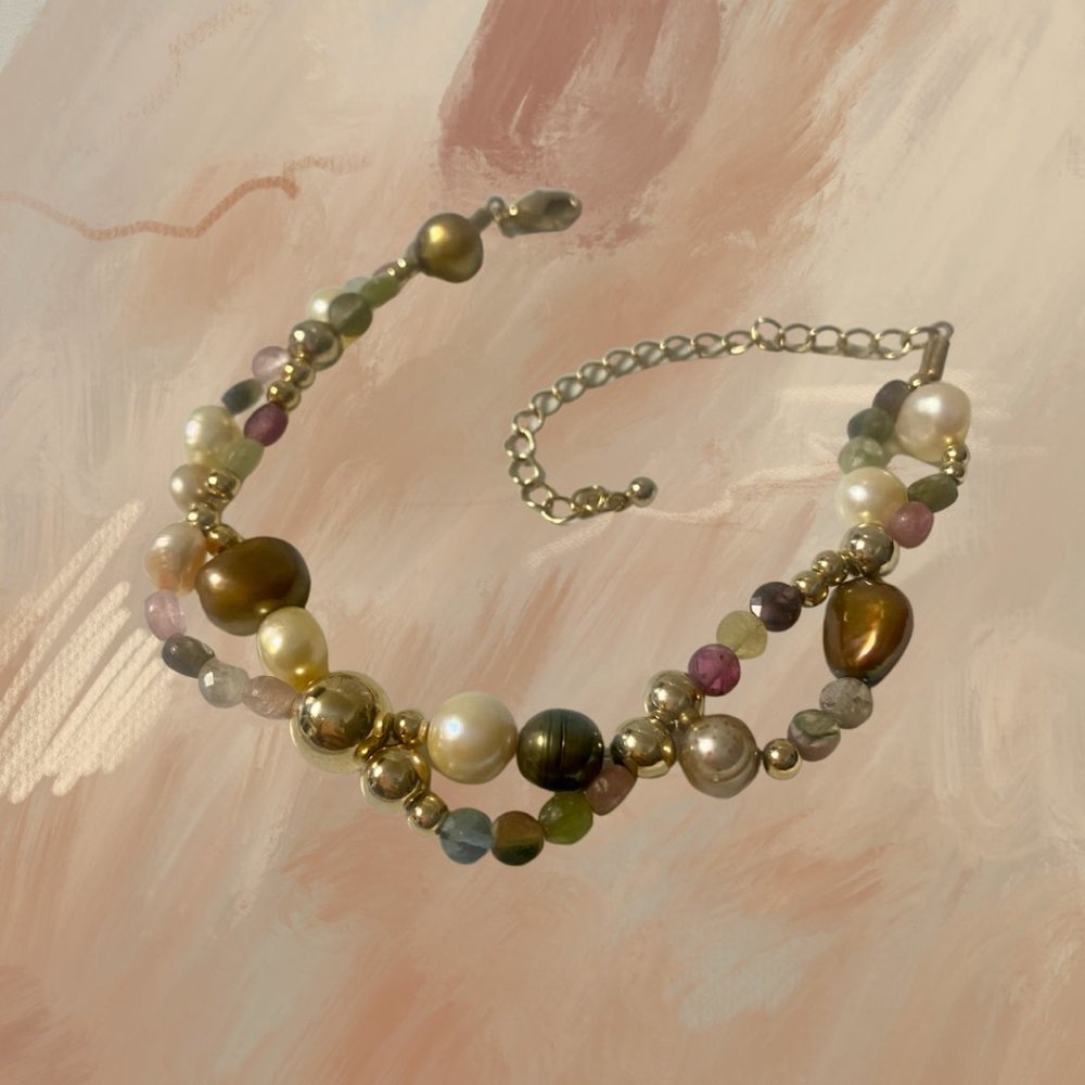 Genuine Multi-colored Tourmaline & Freshwater Pearl Bracelet